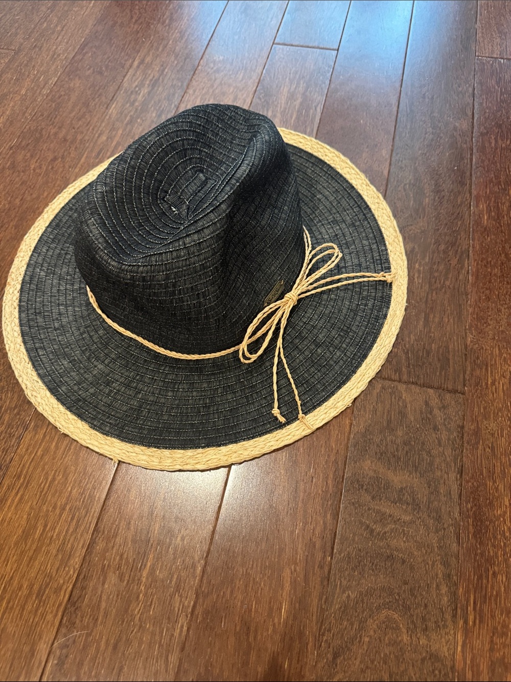 Black Straw Wide-Brim Hat with Natural Trim